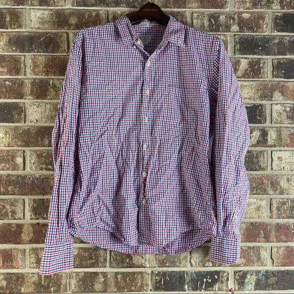 Tailored by J. Crew Men Slim Fit Gingham Check Red Blue Button Down Shirt Size: - Picture 1 of 8